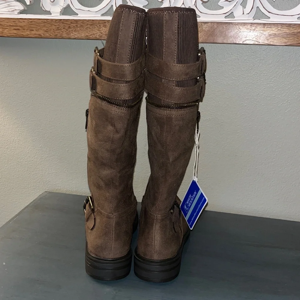 White Mountain Mazed Brown Faux Suede Tall Riding Buckle & Zip Boots sz 5.5 NWT